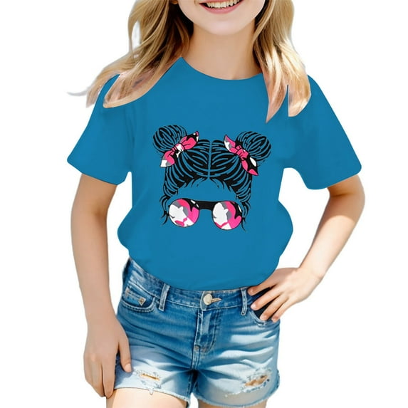 LUOGENLI Summer Tops for Girls 12-14 Years Kid Girls Cute Graphic Print Round Neck Short Sleeve Tee Summer Casual T Shirt Girls Tops Size 7-8 Trendy Tops for Girls 10-12 Baggy Navy 9-10 Years