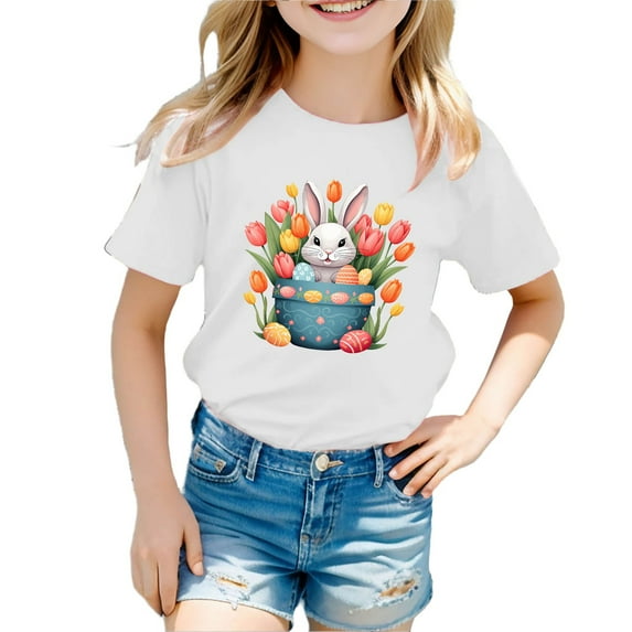 LUOGENLI T-shirts Easter Children's Cute Rabbit Easter Egg Casual T Shirt Easter Tops for Girls 10-12 Cropped White 140
