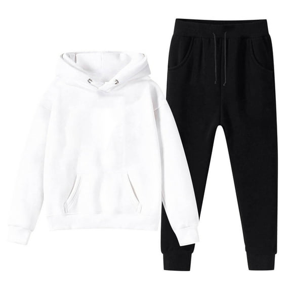 LUOGENLI Teen Outfits for Girls 12-14 Kids Hoodie Sweatshirt and Sweatpants Solid Color Pullover Hoodie Set Tracksuit 2 Piece Outfits Outfits for Girls 10-12 Dress White 130