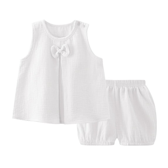 LUOGENLI Toddler Girl Summer Outfits 4T 4th of July Baby Girls' Dress Set Spring and Summer New Solid Color Double Layer Yarn Breathable Comfortable Girl's Bow Home Set 18-24 Months