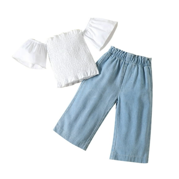 LUOGENLI Toddler Girl Summer Outfits 4T 4th of July Toddler Girls off Shoulder Ruffles T Shirt Tops Denim Pants Trousers Outfits 4th of July Outfits for Toddler Girls 6T 2-3 Years