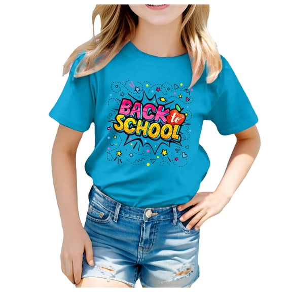 LUOGENLI Tops for Girls 7-8 Kids School Season Back to School Season Printed Casual Short Sleeve Top T Shirt Summer Tops for Girls 2024 12 Cute Tops for Girls 12-14 8-9 Years