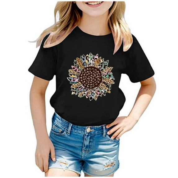 LUOGENLI Tops for Girls Teen Kids Boys Girls Casual Sunflower Print Crew Neck Short Sleeve Tshirt Top Shirts for Girls 6-7 Purple Shirts for Girls 12-14 Trendy Black 7-8 Years