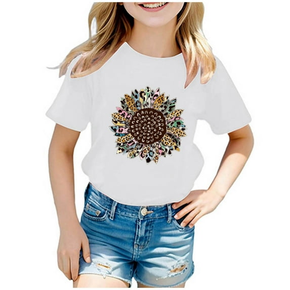 LUOGENLI Tops for Girls Teen Kids Boys Girls Casual Sunflower Print Crew Neck Short Sleeve Tshirt Top Shirts for Girls 6-7 Shirts for Girls 12-14 Trendy White 13-14 Years