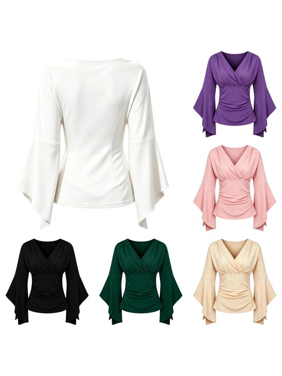 Womens Fall Tops V Neck Ruffle Blouse for Women Long Sleeve Waist Ruched Flared Elegant Everyday Tunic Top White Xxl