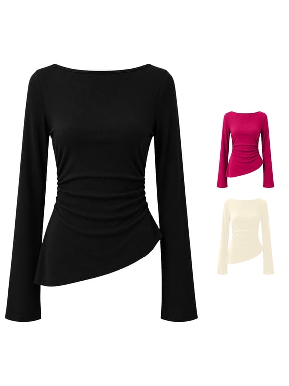 Womens Fall Tops Women'S Long Sleeve Flared Bell Sleeve Base Layer Top Solid Casual Everyday Undershirt Black S