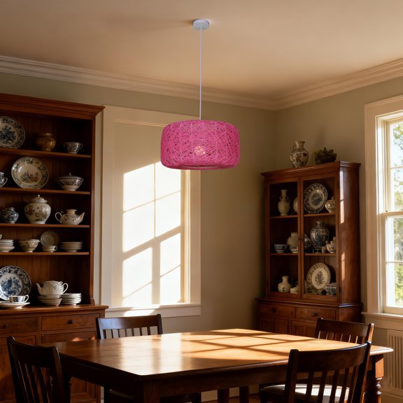 LUOLAX 15.74-Inch Modern Pink Rattan Pendant Light, Modern Pink Rattan Pendant Lamp, Woven Pink Rattan Pendant Light, Bedroom Balcony Dining Room Pendant Light
