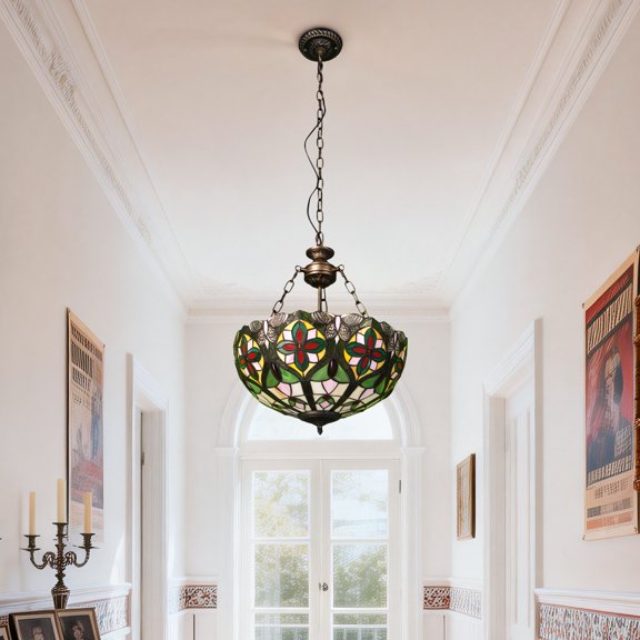 LUOLAX 16-inch Retro Country Style Butterfly Flower Inverted Pendant Light - Suitable for Dining Room, Bedroom, and Living Room Decorative Lighting - Creative Art Pendant Light