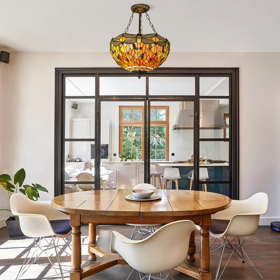 LUOLAX 16-inch rustic retro maroon dragonfly chandelier, suitable for dining room, bedroom, and balcony decoration. Creative glass art chandelier.