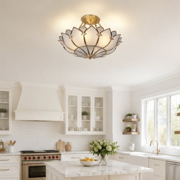 LUOLAX 18.89-Inch Modern Gold Lotus Semi-Flush Mount Light, Modern Gold Lotus Semi-Flush Lamp, Gold Lotus Shape Semi-Flush Light, Living Room Dining Room Hallway Semi-Flush Light