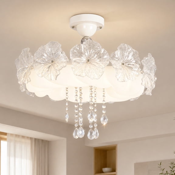 LUOLAX 22.04-Inch French Cream Style Flower Crystal Ceiling Light, French Cream Style Flower Crystal Lamp, Flower Shape Crystal Ceiling Light, Living Room Bedroom Hallway Ceiling Light
