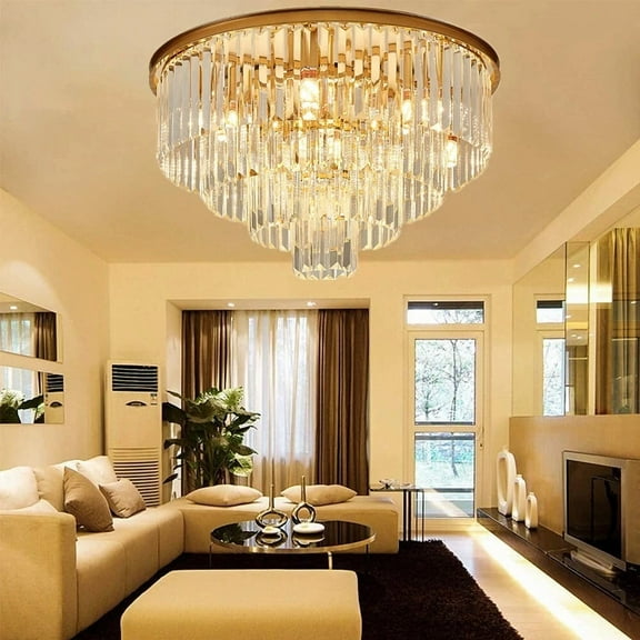 LUOLAX 23.6" Round Postmodern Crystal Flush Mount Ceiling Light - 4-Tier Transparent K9 Prisms & Gold Iron Finish for Living Room/Bedroom (No Bulbs Included)