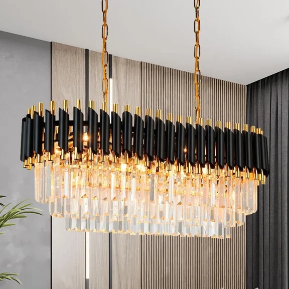 LUOLAX 31.5" Modern Crystal Chandelier Black and Gold Ceiling Lamp Pendant Lighting