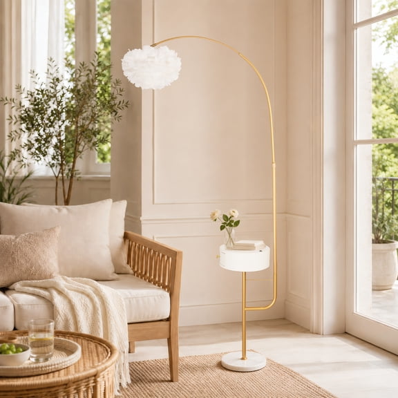 LUOLAX 35-Inch Modern Luxury Feather Lampshade Cabinet Floor Lamp, Modern Luxury Feather Lampshade Floor Lamp, Feather Lampshade Floor Lamp, Living Room Bedroom Cabinet Side Floor Lamp