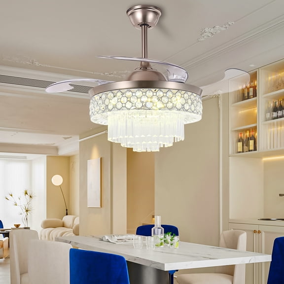 LUOLAX 42-inch modern light luxury crystal fan chandelier, invisible variable frequency bedroom fan light, dining room and living room chandelier ceiling fan