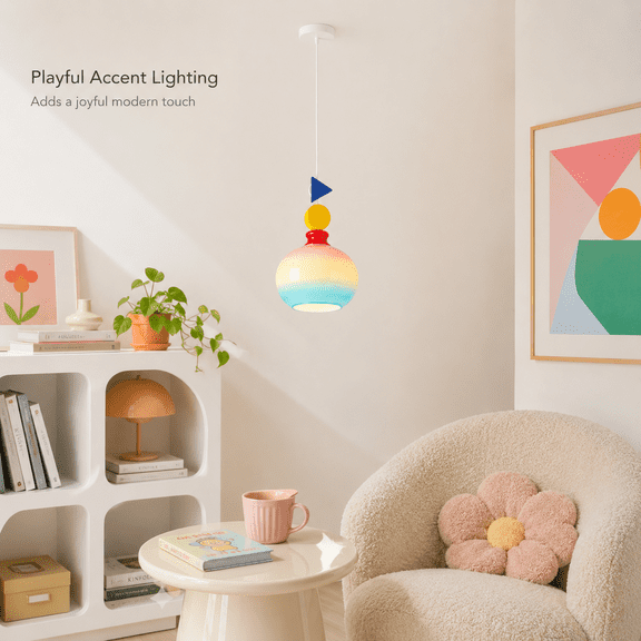 LUOLAX 6.88-inch Geometric Rainbow Gradient Glass Single-Head Pendant Light, Geometric Rainbow Gradient Glass Pendant Light, Dining Room Bar Counter Bedroom Pendant Light