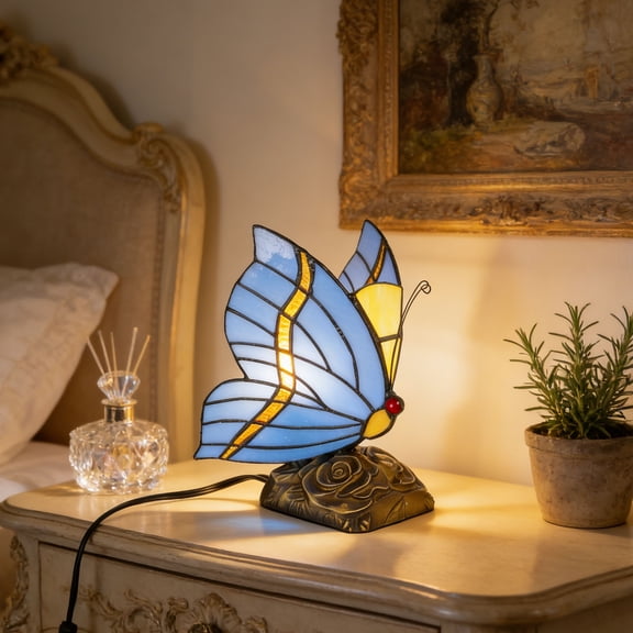 LUOLAX 7-inch Creative Blue Tea-Style Butterfly Table Lamp - Art Glass Decorative Lighting Fixture - Suitable for Bedroom, Bedside Table, Study, Living Room