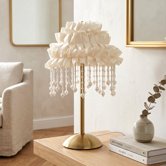 LUOLAX 7-inch Luxury Modern Pearl Pendant Fabric Table Lamp, Pearl Pendant Fabric Table Lamp, Fabric Lampshade Pearl Pendant Table Lamp, Bedroom Bedside Living Room Decorative Table Lamp