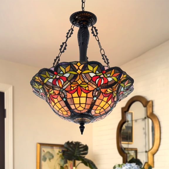 LUOLAX Elegant European Stained Glass Foyer Chandelier, Hanging Light Fixture - 18" Diameter, 39" Height