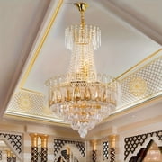 LUOLAX Luxury Gold Crystal Chandelier - 20" Diameter, 10-Tier Clear Prisms, Adjustable Chain, Iron Craftsmanship, 8 E12 Sockets
