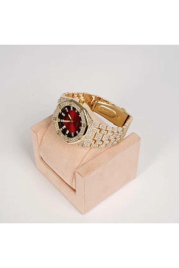 Luxury Rhinestone Watch Unisex Round Bezel Red Face Stainless Steel Wristwatches