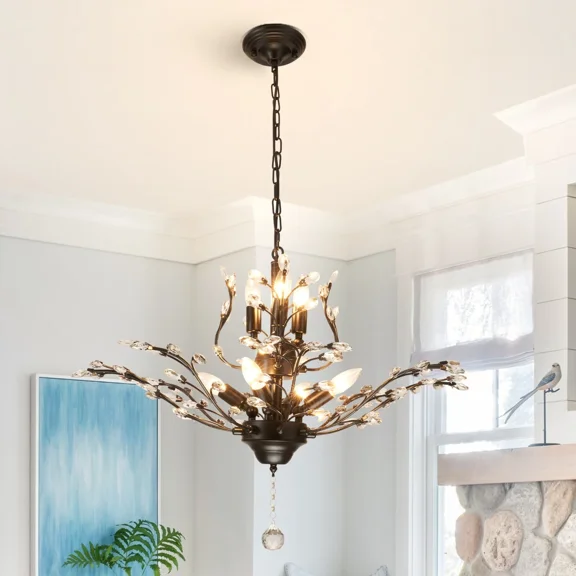 LUOLAX Modern Crystal Chandelier 7-Light Black Branches Ceiling Lamp Pendant Fixtures
