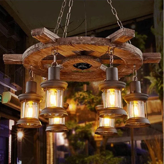 LUOLAX Vintage Wood 6-Light Wheel Chandelier, Industrial Rudder Pendant Light Fixtures