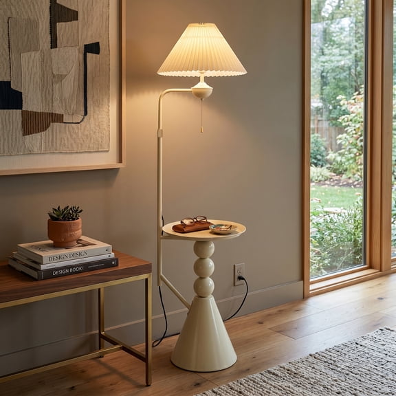 LUOLAX15-Inch Modern Cream Color Side Table Floor Lamp, Modern Cream Floor Lamp with Side Table, Side Table Floor Lamp 2-in-1, Modern Minimalist Living Room Bedroom Floor Lamp