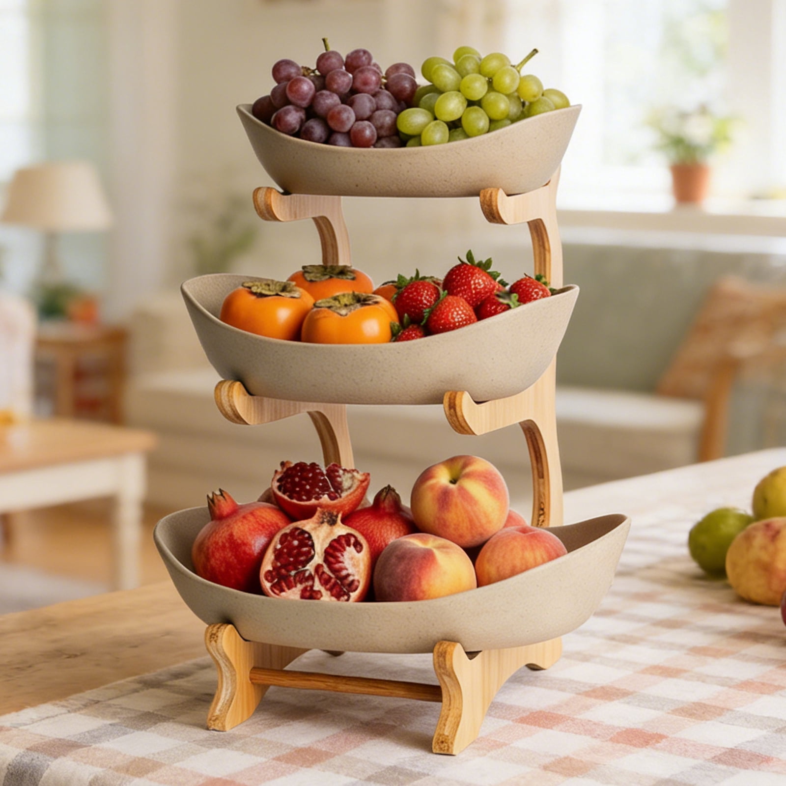 LUOLUO 3 Tier Ceramic Fruit Bowl With Bamboo Wood, Ceramic Fruit Display Shelf for Kitchen Counter,Brown