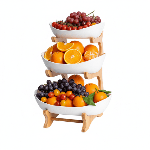 LUOLUO 3 Tier Ceramic Fruit Bowl With Bamboo Wood, Ceramic Fruit Display Shelf for Kitchen Counter,White