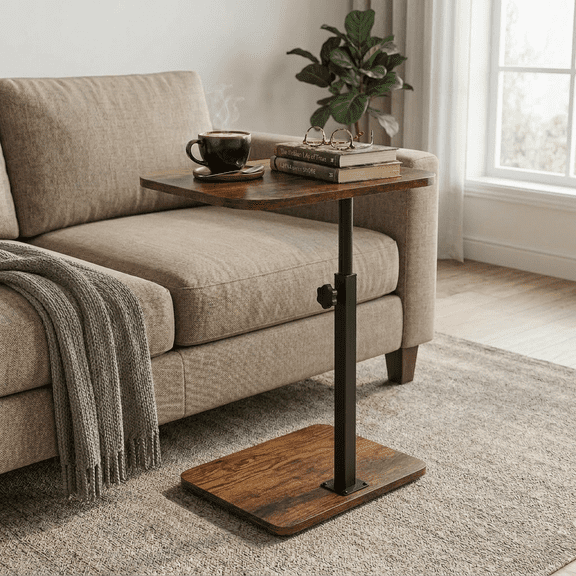 LUOLUO 360° C-Shaped Rotating Side Table,Adjustable Height Side Table,for Home/Office (Walnut)