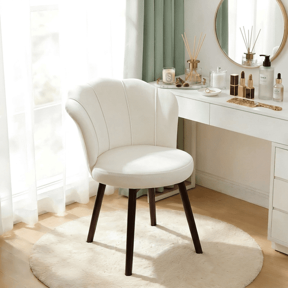 LUOLUO 360° Rotating Vanity Makeup Chair with Flower back and Stable Wooden legs, Modern Velvet Chair for Makeup Room, Bedroom, or Living Room, Off-White
