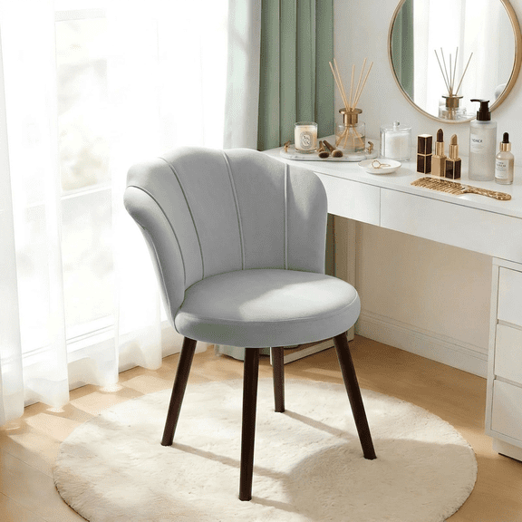LUOLUO 360° Rotating Vanity Makeup Chair with Flower back and Stable Wooden legs, Modern Velvet Chair for Makeup Room, Bedroom, or Living Room, Gray
