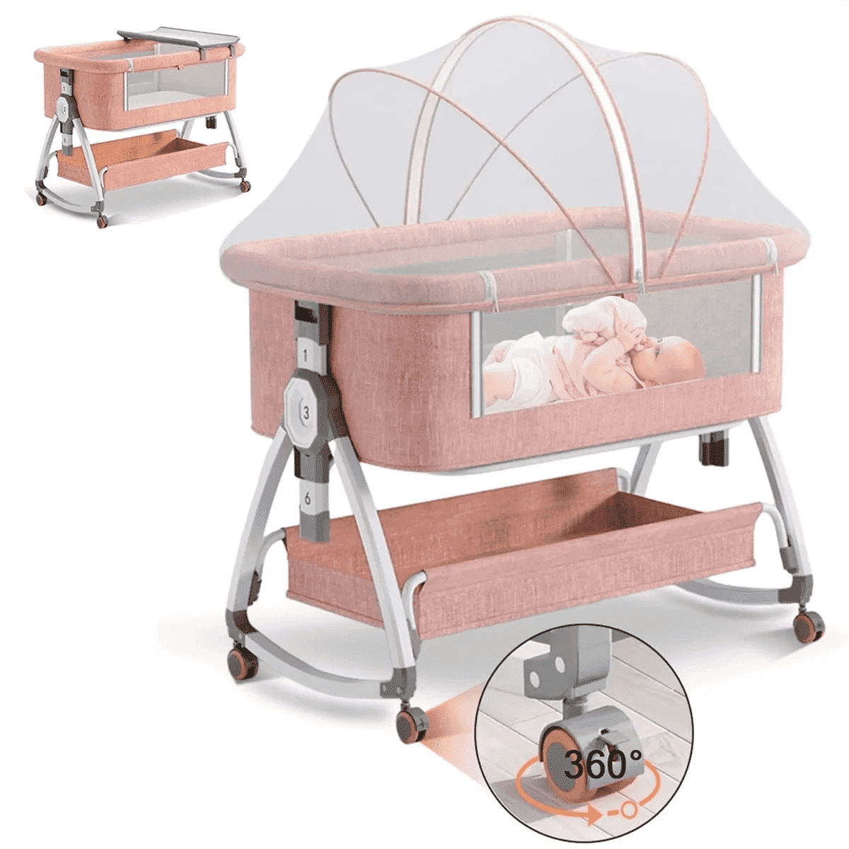LUOLUO 4-in-1Baby Bassinet, Infant Bedside Crib with Storage Basket & Wheel & Changing Table, 6 Gear Adjustable Height, for 0-36 Months, Pink
