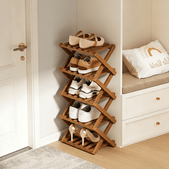LUOLUO 5-Tier Foldable Shoe Rack,Bamboo Shoe Organizer Storage for Entryway Closet,Free Standing,Brown