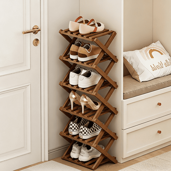 LUOLUO 6-Tier Foldable Shoe Rack,Bamboo Shoe Organizer Storage for Entryway Closet,Free Standing,Brown