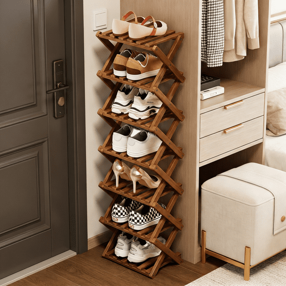LUOLUO 7-Tier Foldable Shoe Rack,Bamboo Shoe Organizer Storage for Entryway Closet,Free Standing,Brown