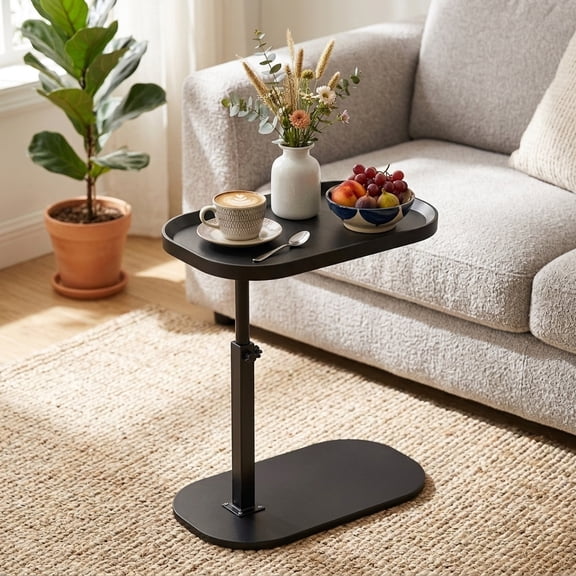 LUOLUO C Shaped Side Table, 360° Rotating Adjustable Height Couch Side Tables for Sofa / Bed / Bathtub, Concave Design,Black