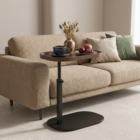 LUOLUO C Shaped Side Table, 360° Rotating Adjustable Height Couch Side Tables for Sofa / Bed / Bathtub, Concave Design,Walnut