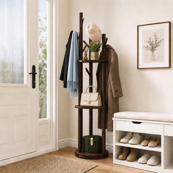 LUOLUO Coat Rotating Rack with 3 Shelves and 9 Hooks,Wood Coat Hanger, Coat Rack Freestanding for Hats, Coats, Scarves, Bags in Bedroom/Office/Entryway, Walnut