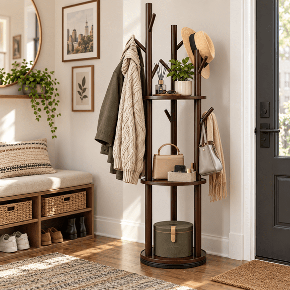 LUOLUO Coat Rotating Rack with 3 Shelves and 9 Hooks,Wooden Coat Rack Freestanding for Hats, Coats, Scarves, Bags in Bedroom Office Entryway(Walnut)