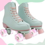 LUOLUO Roller Skates for Girls,Boys,Woman, High-Top Double Row Leather Quad Skates, Green & Pink,Womens 8.5/Mens 7.5