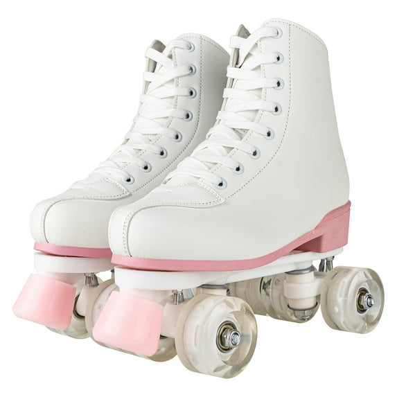 LUOLUO Roller Skates for Women, Boys,Gilrs, High-Top Double Row Leather Quad Skates,with Clear Flash Wheel,White & Pink,Youth 2 / Women 3.5
