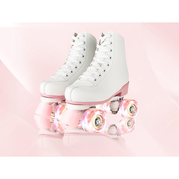 LUOLUO Roller Skates for Women, Boys,Gilrs, High-Top Double Row Leather Quad Skates, with Pink Flash Wheel, White & Pink,Youth 4/Women 4.5