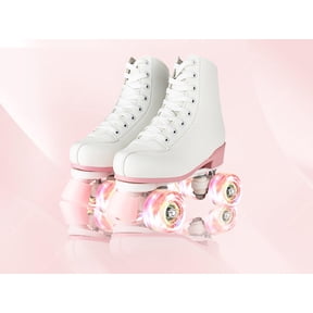LUOLUO Roller Skates for Women, Boys,Gilrs, High-Top Double Row Leather Quad Skates, with Pink Flash Wheel, White & Pink,Youth 4/Women 4.5