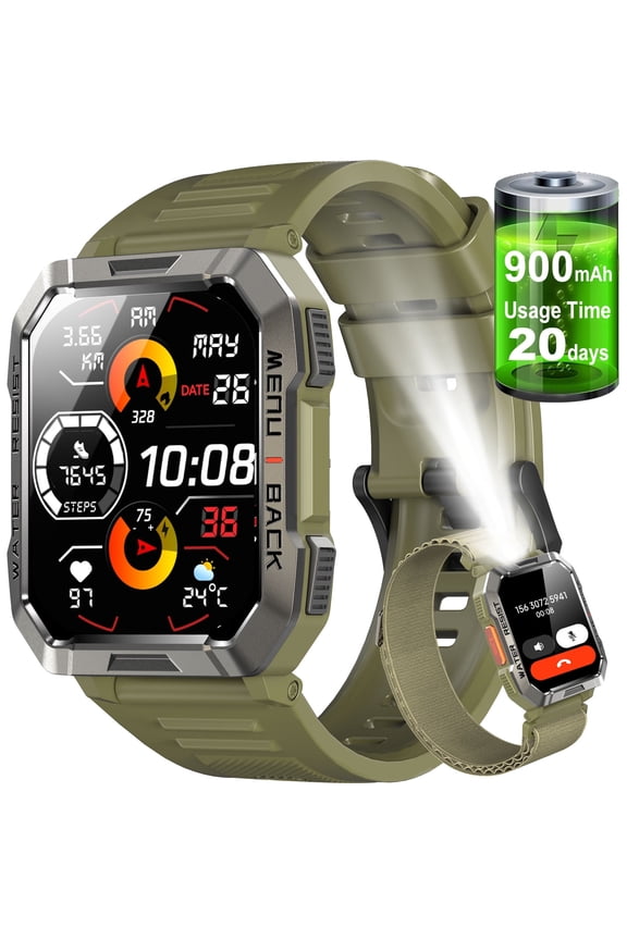 2.01" Military Smartwatch for Men, 900mAh Fitness Tracker with Answer/Make Calls, 100+ Sport Modes, IP68 Waterproof, Pedometer, Compatible with Android & iPhone (Green)