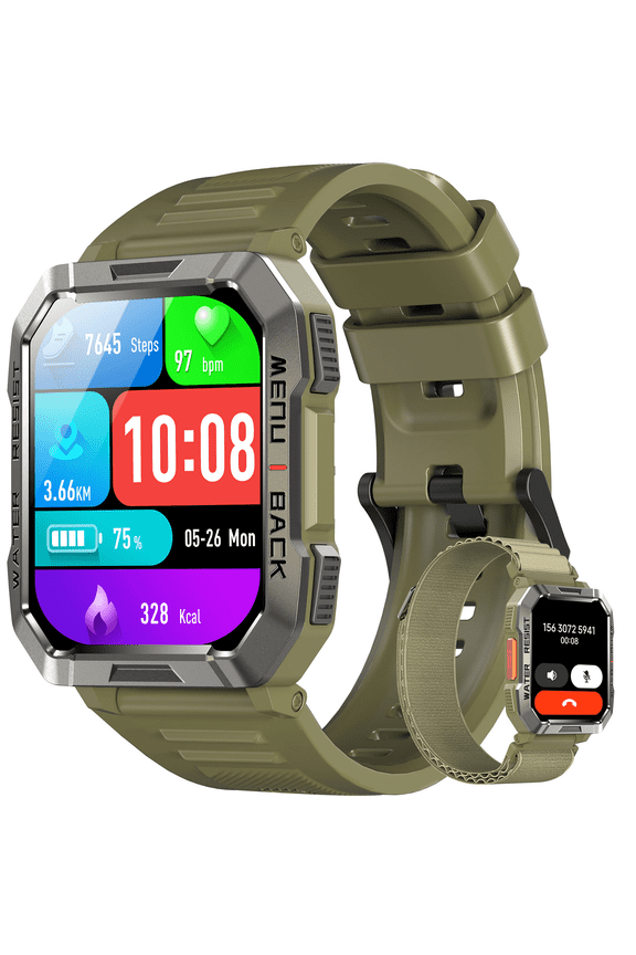 2.01" Military Smartwatch for Men, 900mAh Fitness Tracker with Answer/Make Calls, 100+ Sport Modes, IP68 Waterproof, Pedometer, Compatible with Android & iPhone (Green)