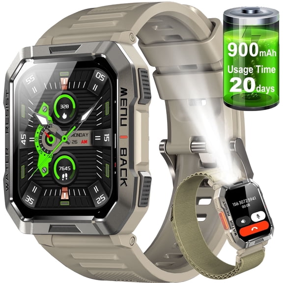 LUOMATE 2.01" Military Smartwatch for Men, 900mAh Fitness Tracker with Answer/Make Calls, 100+ Sport Modes, IP68 Waterproof, Pedometer, Compatible with Android & iPhone (Khaki)