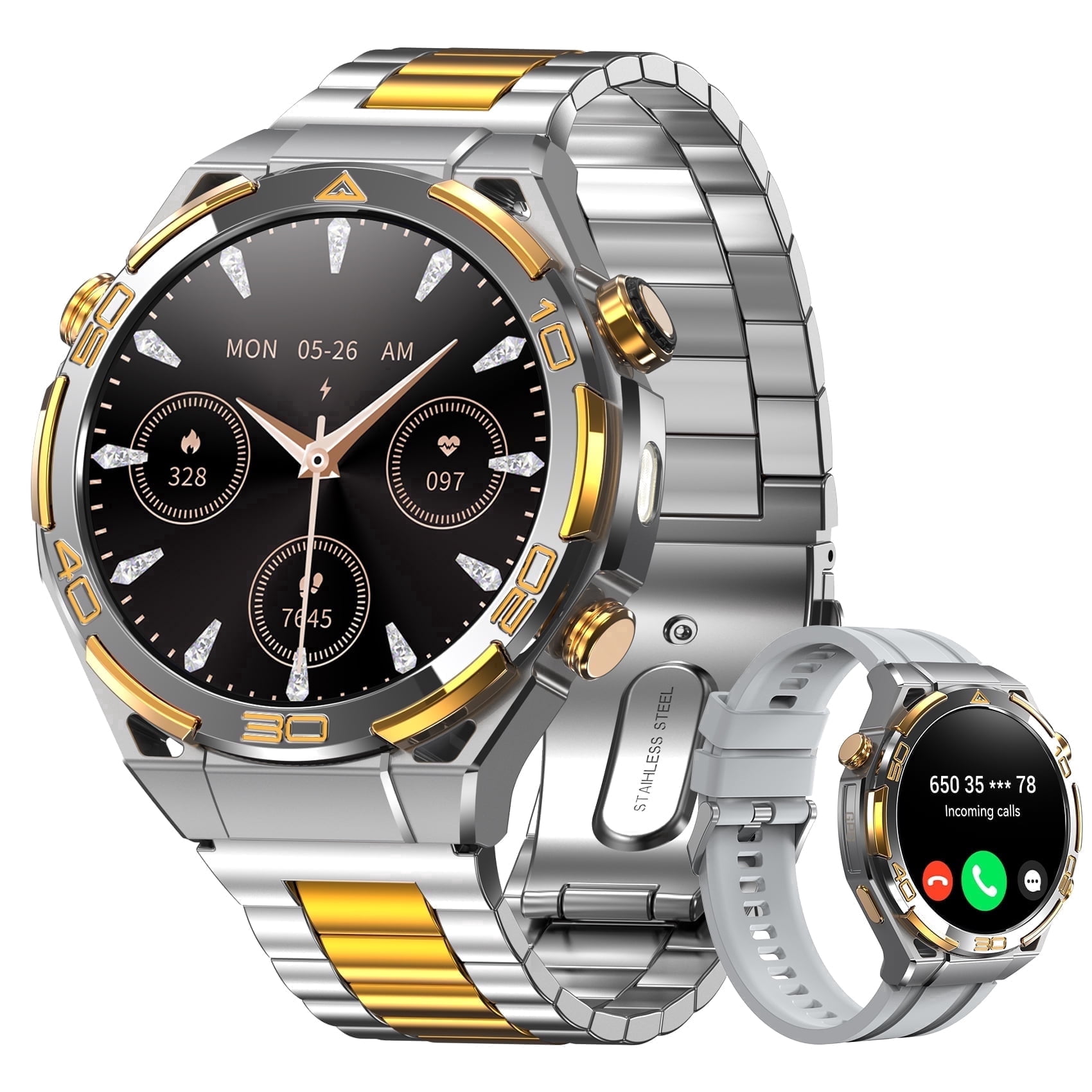 LUOMATE Military Smart Watch for Men with 1.43" AMOLED Screen - Fitness Tracker with Bluetooth Call & Answer, 100+ Sport Modes, IP68 Waterproof, Compatible with Android & iOS (Silver)