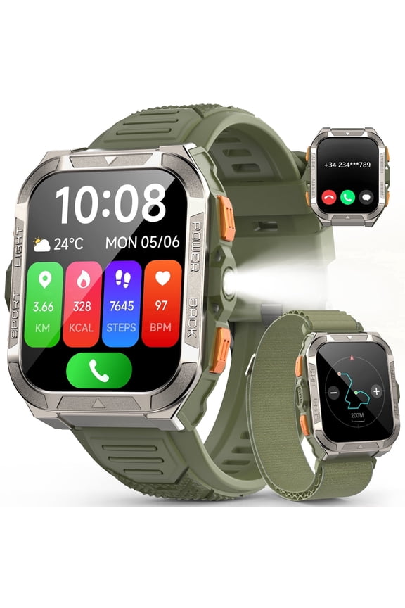 Military Smart Watch for Men with GPS - 1.91" Touch Screen, Fitness Tracker with Make/Answer Calls, 100+ Sports Modes, IP68 Waterproof, 900mAh Battery, Compatible with iOS Android (Green)